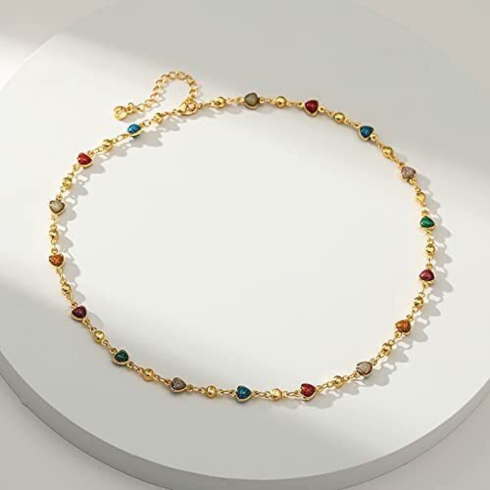 6037 Heart Choker Necklace 18k Gold Plated Adjustable Colorful Gold Heart - Picture 5 of 6